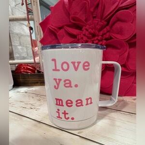 White Travel Mug with Pink Text